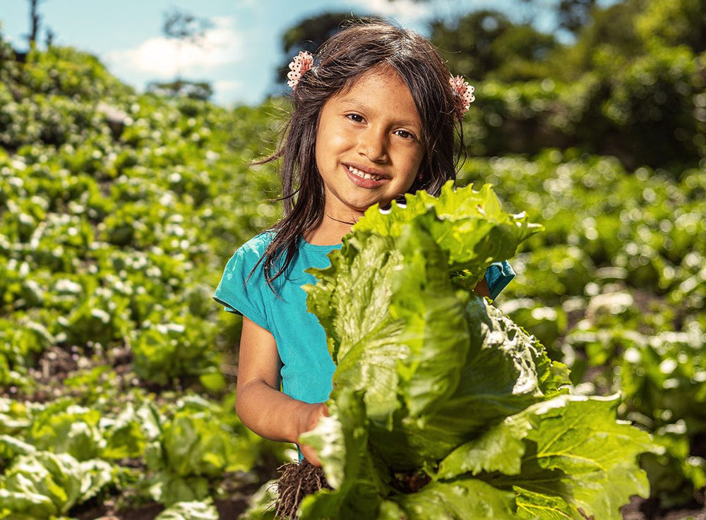 一個咧嘴而笑的小女孩，頭上插著兩朵花作頭飾，雙手拿著一大束青菜。她站在一個種植青菜的菜園當中。