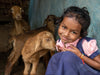 一名身穿藍色及粉紅色裙子的女幼童，坐在三隻褐色小羊旁邊，並對著鏡頭微笑。